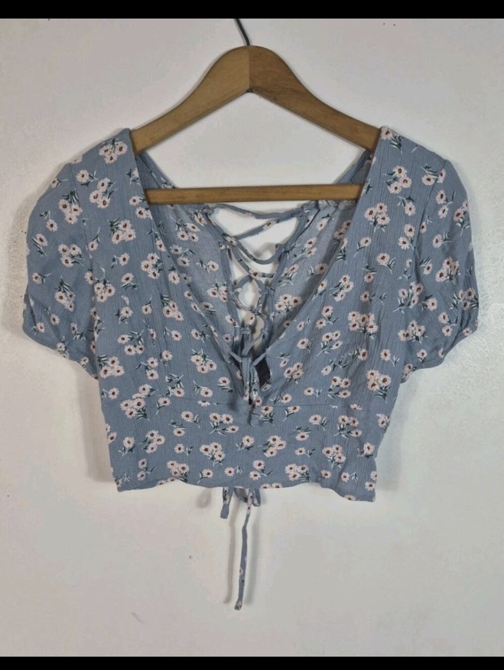 Sky & Sparrow Blue Floral Lace Up Crop Top Cottage Boho Medium - Picture 2 of 11